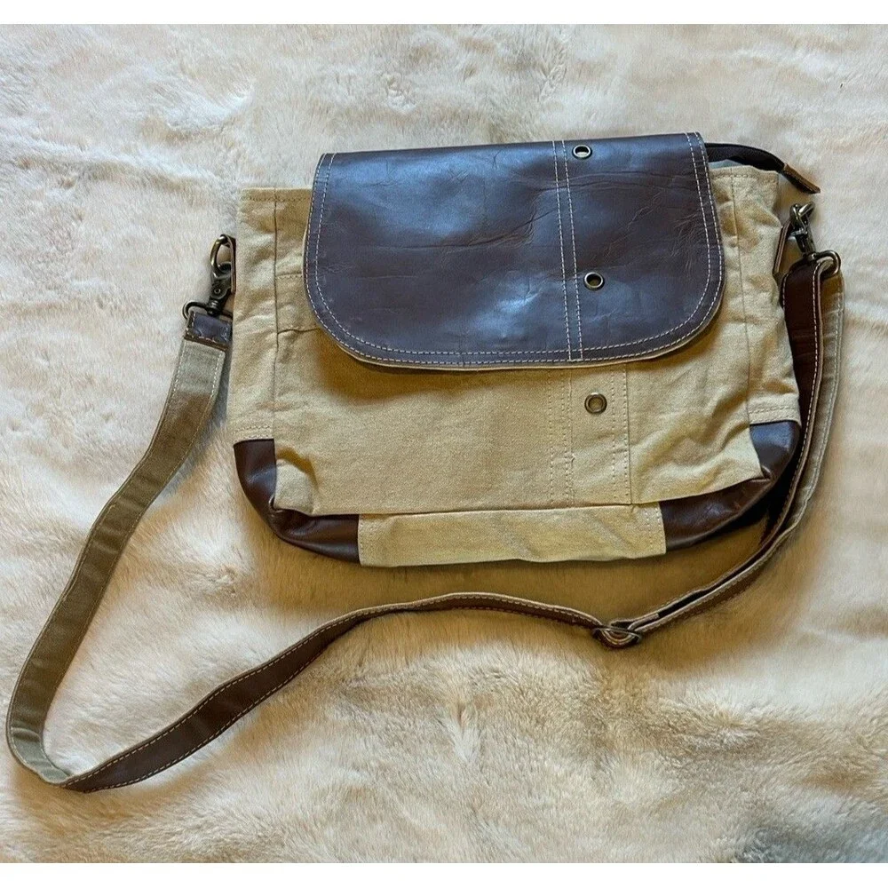 Recycled Military Messenger Bag Crossbody Adjustable Pockets Beige/leather Boho